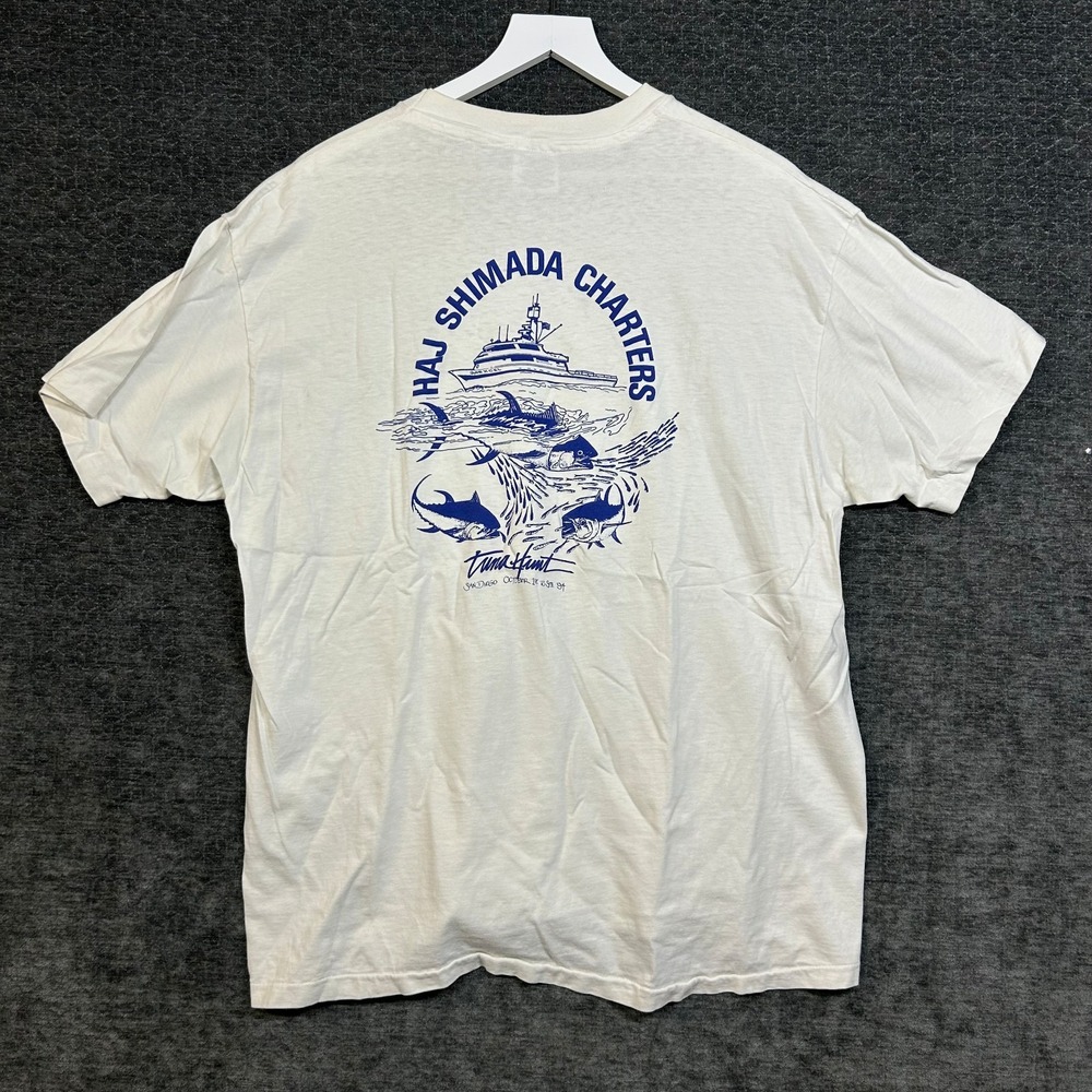 Hanes Fishing T-Shirt Mens XL White Good Single Stitch 1994 USA Haj Shimada